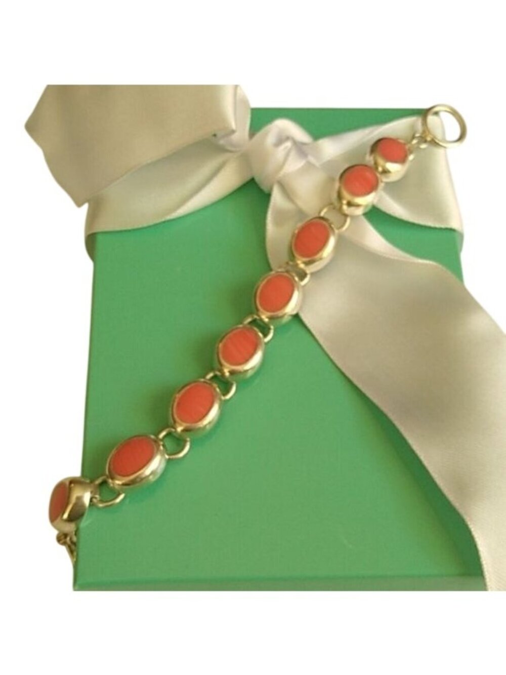 Pink Salmon Coral + Sterling Silver Chain Bracelet Mexico, 7"